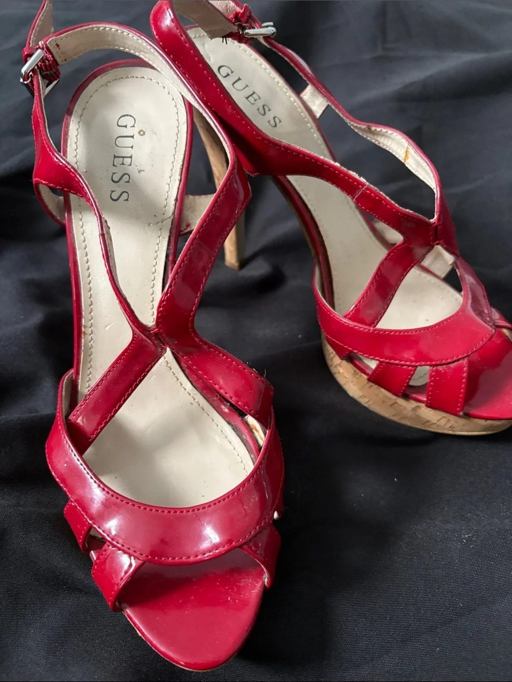 GUESS Red Patent Cork Platform Sandals with Ankle Strap